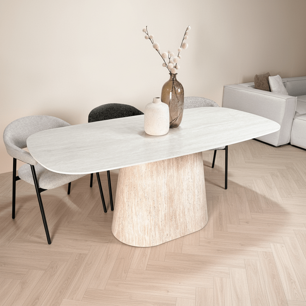 Sintered Stone Marble Look Travertine Dining Table Lea 180x90 cm - Danish Oval