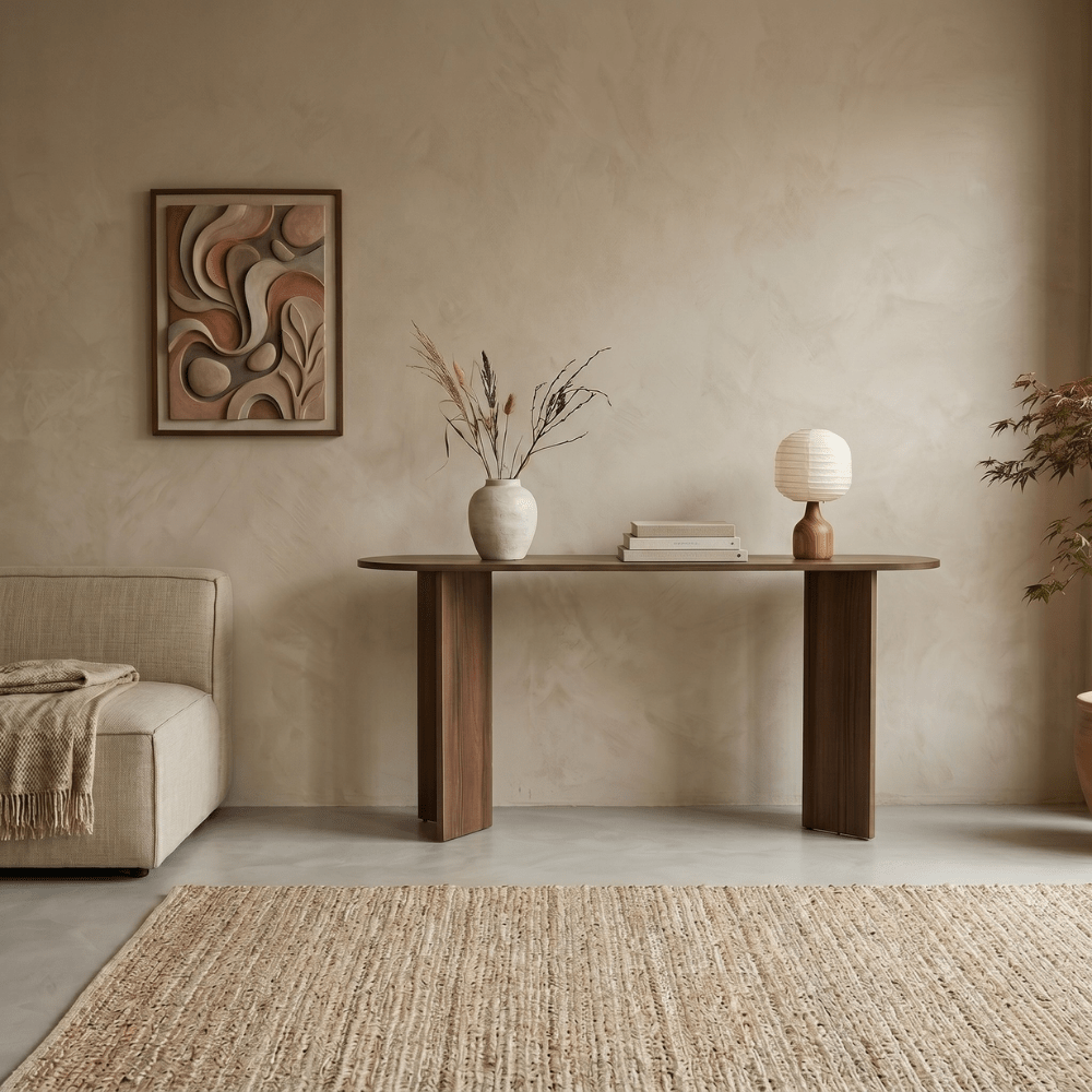 Sidetables - Ovale sidetable walnoot melamine - Japandi - 150x35 cm - Sota - Dimehouse