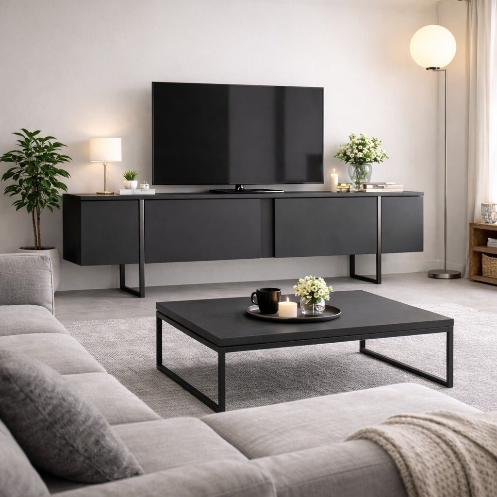 TV Meubels - TV Meubel Antraciet Luxe 180x50x30 - Zilver Frame - Dimehouse