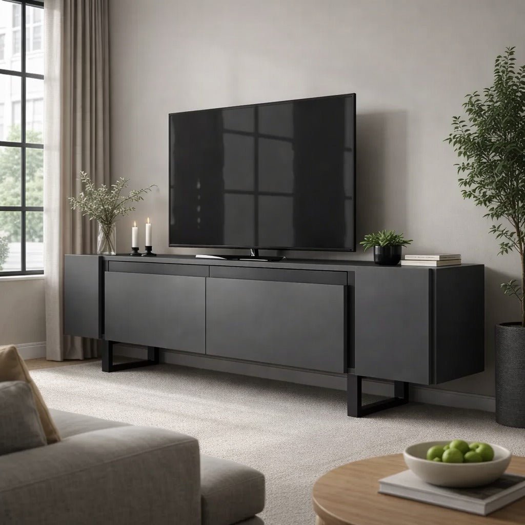 TV Meubels - TV Meubel Antraciet Yildiz 180x50x30 - Zwart Frame - Dimehouse