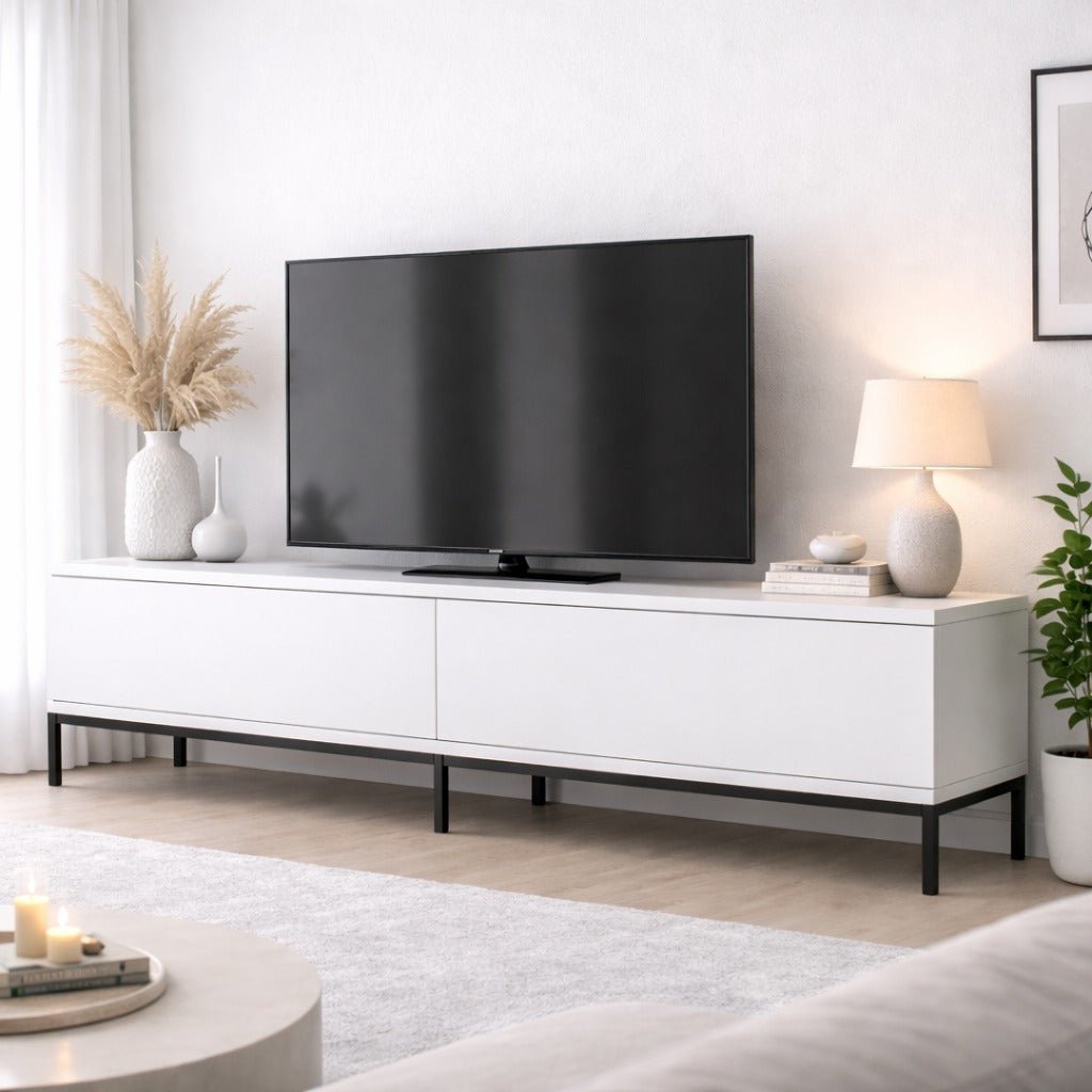 TV Meubels - TV Meubel Lord Zwart Wit Melamine 180x47x30 cm - Dimehouse