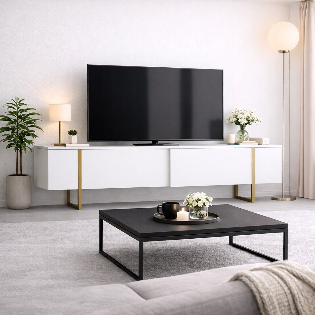 TV Meubels - TV Meubel Luxe Wit Goud Melamine 180x50x30 cm - Dimehouse