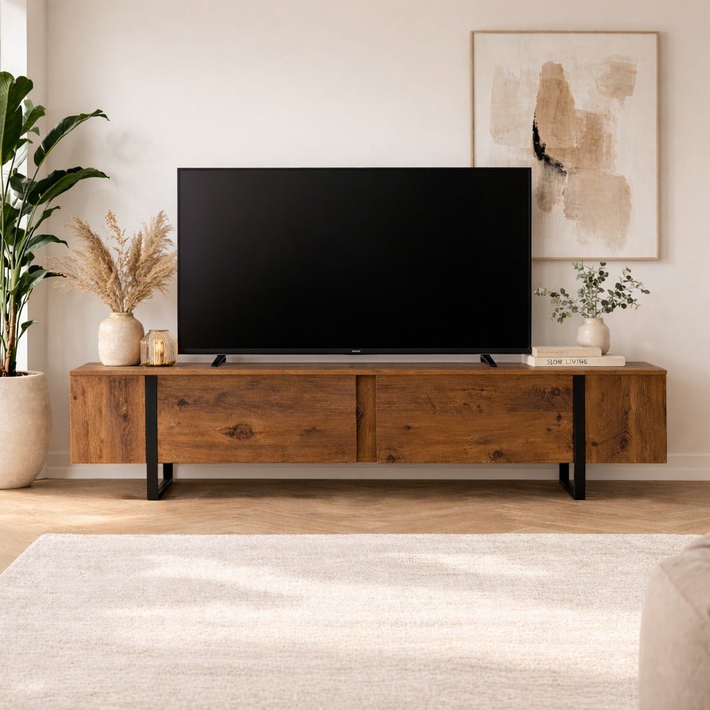 TV Meubels - TV Meubel Naturel Melamine Zwart Frame 180x50x29,5 cm - Blitz - Dimehouse