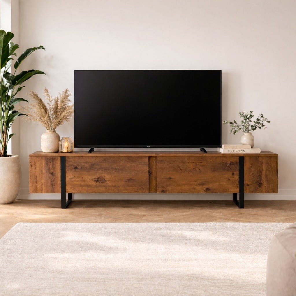 TV Meubels - TV Meubel Naturel Melamine Zwart Frame 180x50x29,5 cm - Blitz - Dimehouse