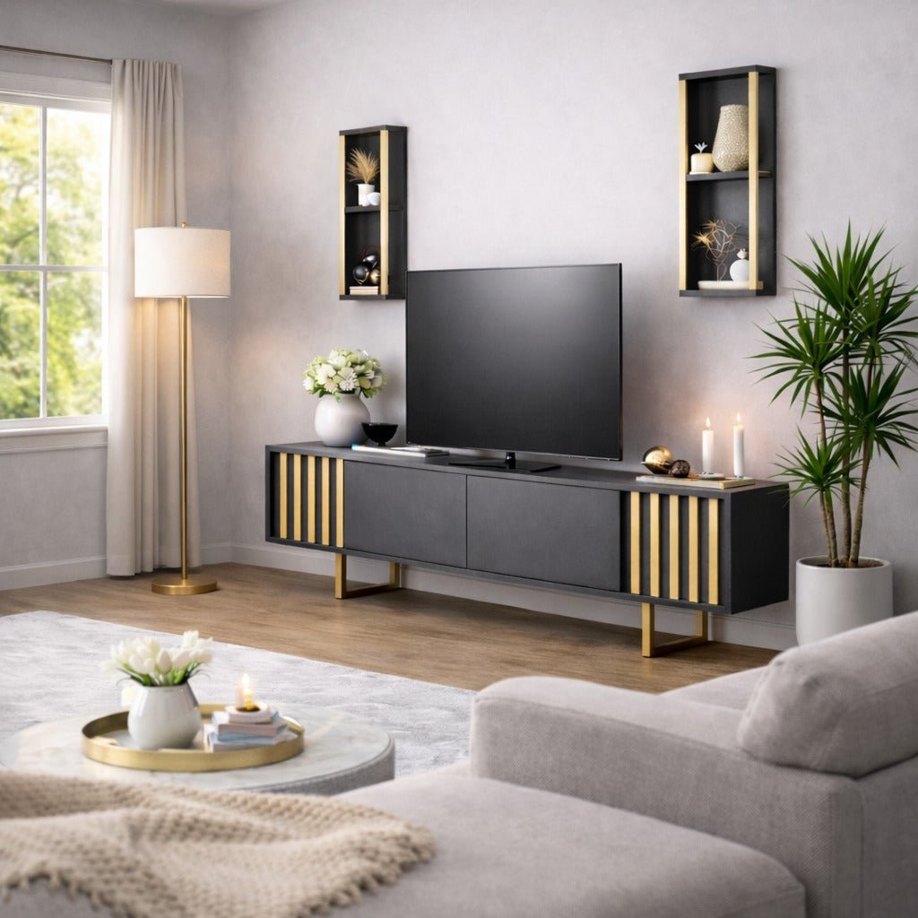 TV Meubels - TV Meubel Set Gold Line Antraciet Zwart Melamine 180x48x30 cm - Dimehouse