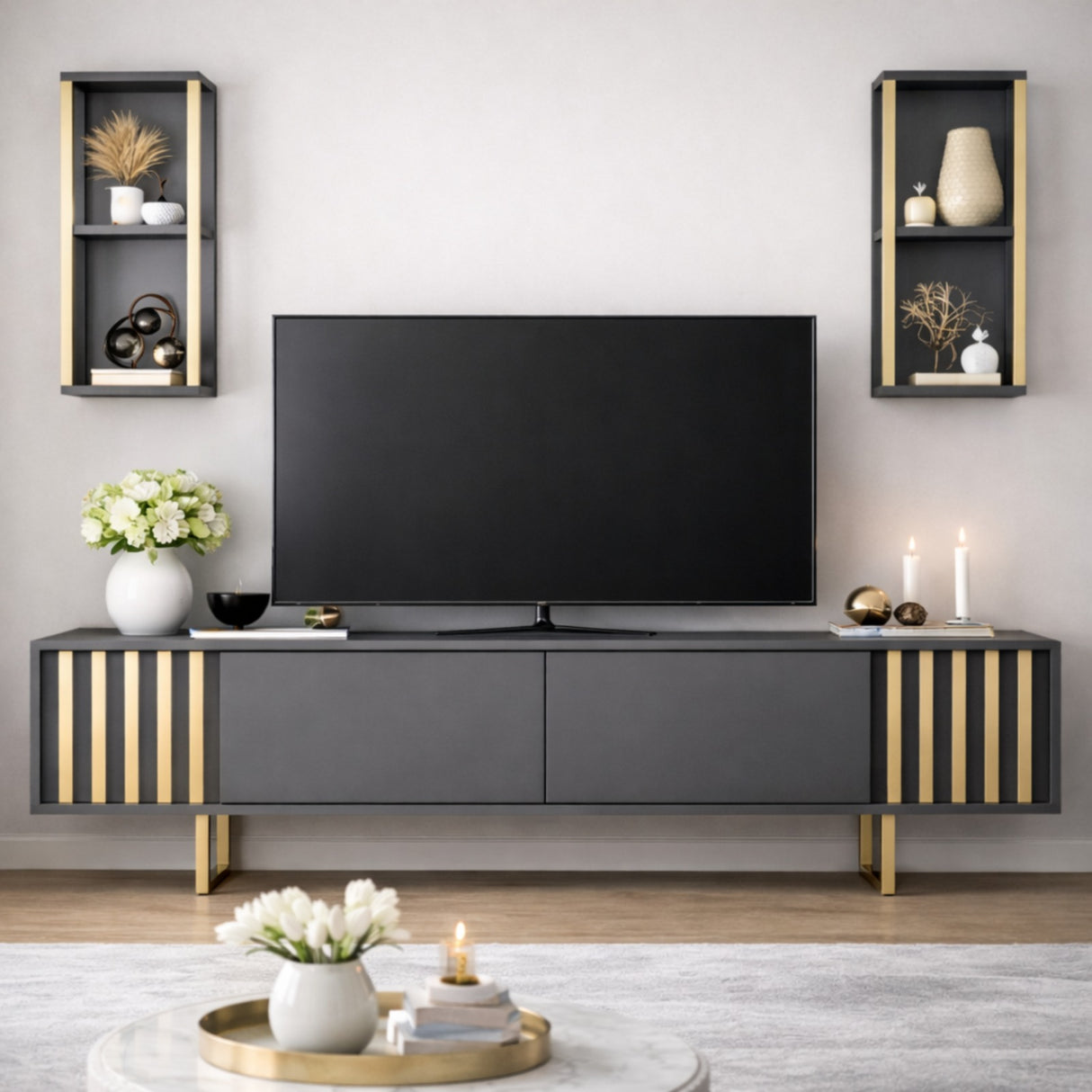TV Meubels - TV Meubel Set Gold Line Antraciet Zwart Melamine 180x48x30 cm - Dimehouse