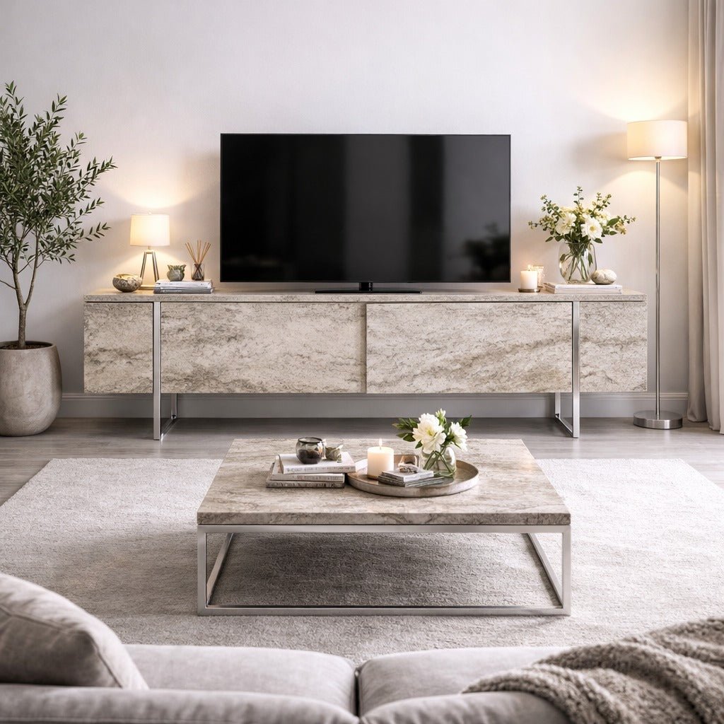 TV Meubels - TV Meubel Travertin Luxe 180x50x30 - Zilver Frame - Dimehouse