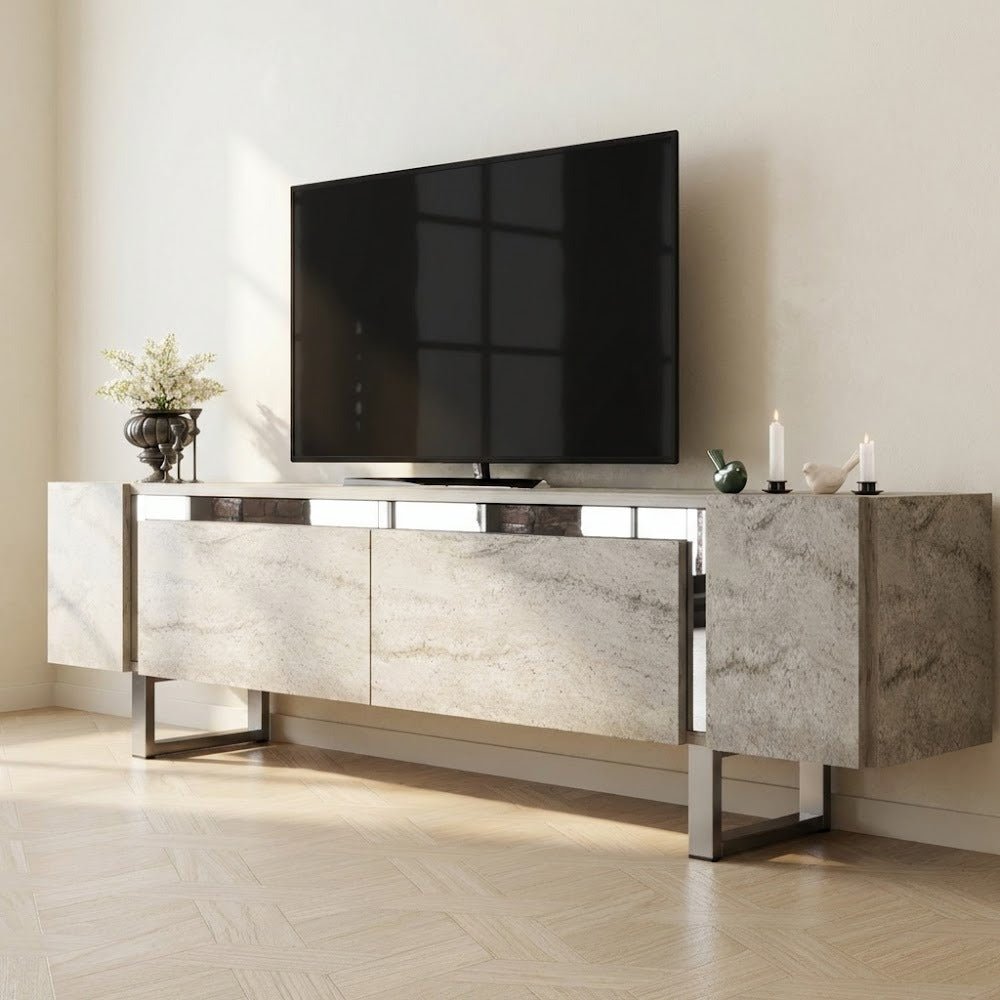 TV Meubels - TV Meubel Travertin Yildiz 180x50x30 - Zilver Frame - Dimehouse