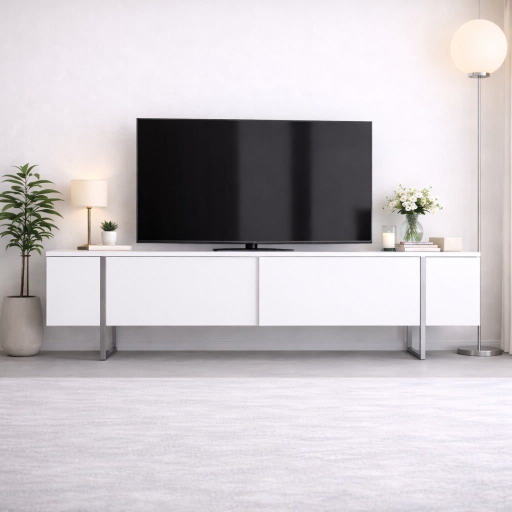 TV Meubels - TV Meubel Wit Luxe 180x50x30 - Zilver Frame - Dimehouse