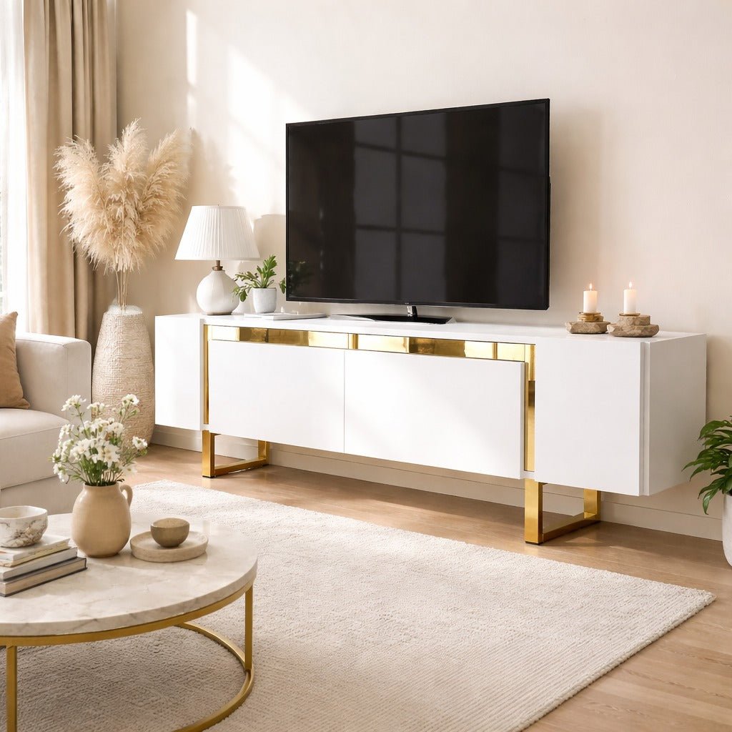 TV Meubels - TV Meubel Wit Yildiz 180x50x30 - Gouden Frame - Dimehouse