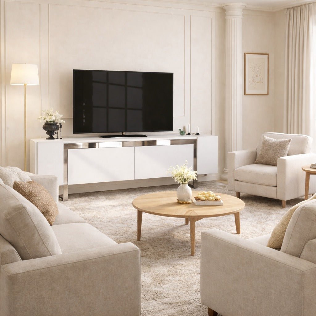 TV Meubels - TV Meubel Wit Yildiz 180x50x30 - Zilver Frame - Dimehouse