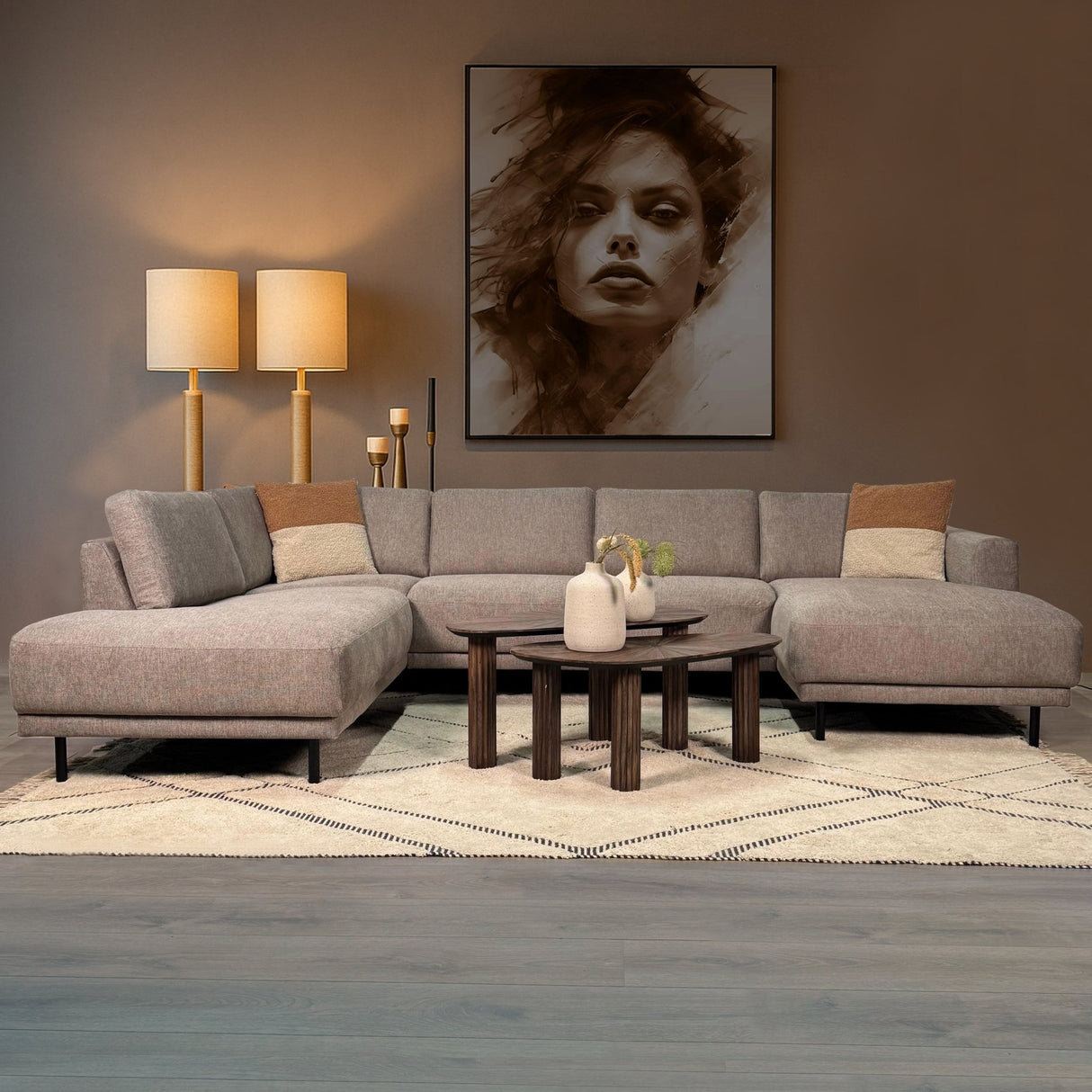 Modern U-Shape Couch Corner Sofa Left Taupe Fabric Aniko 310x197x78 cm