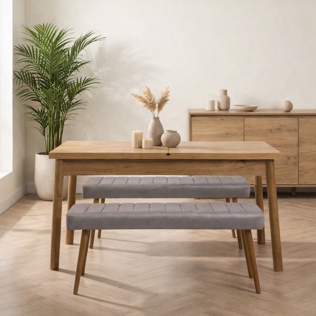 Eettafels - Uitschuifbare eettafel Dennen Melamine - 120 tot 155 cm - inclusief bankjes - Santo - Dimehouse