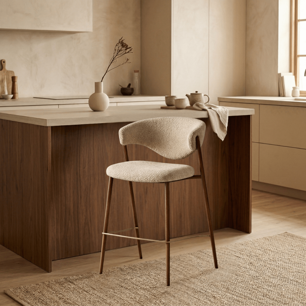 Bar chair bouclé sand color Kaito - walnut look frame - Japandi