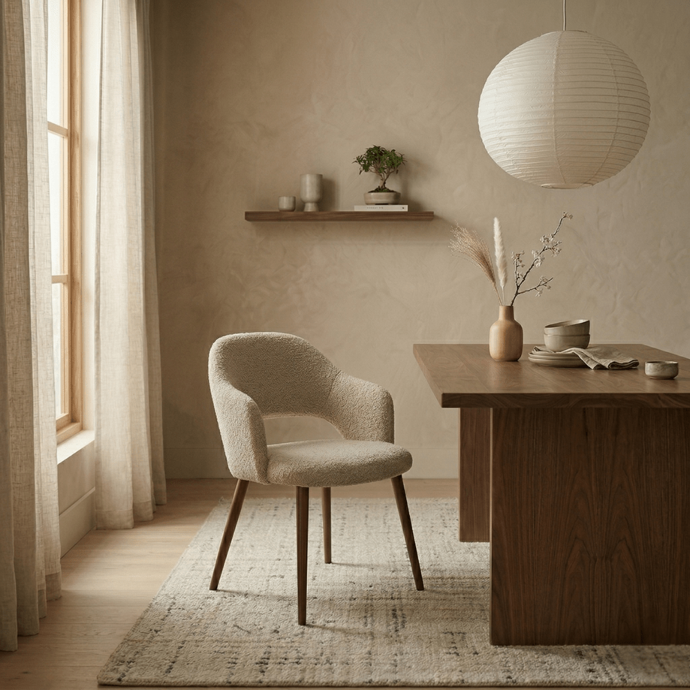 Japandi dining chair in sand-coloured bouclé Aki – walnut frame – with armrests