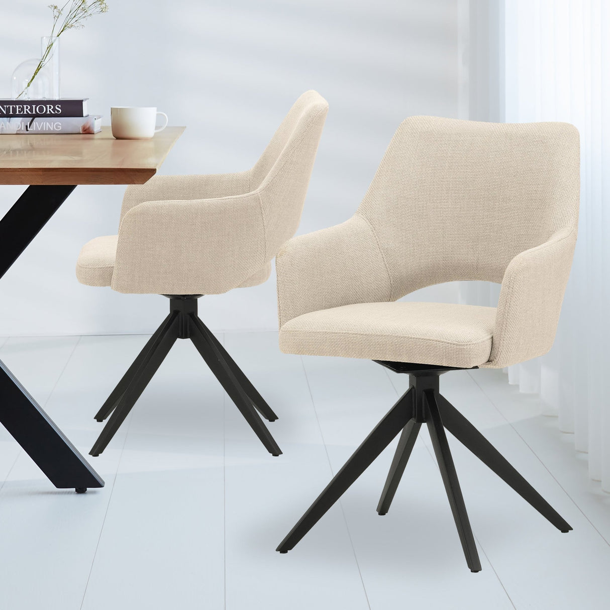 Modern Rotatable Dining Chair Beige Fabric Sid - With Armrests