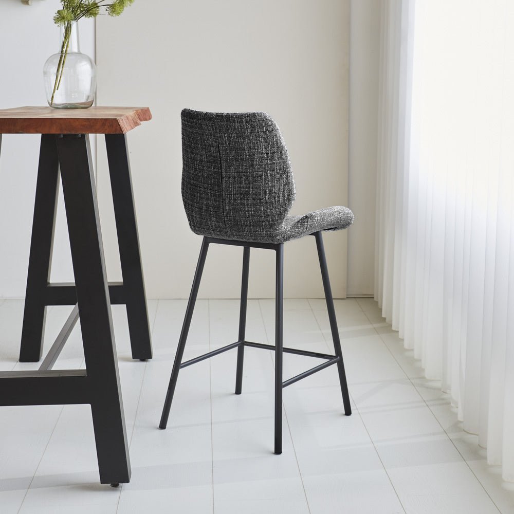 Bar stool Beau chenille Dimehouse Dark gray LxWxH 82x54x52 Fabric Atmospheric photo diagonal rear view