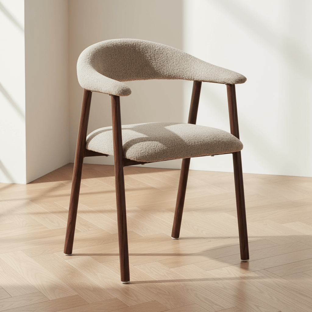 Japandi Dining Chair Sand Color Bouclé Suki - Walnut Frame - With Armrests
