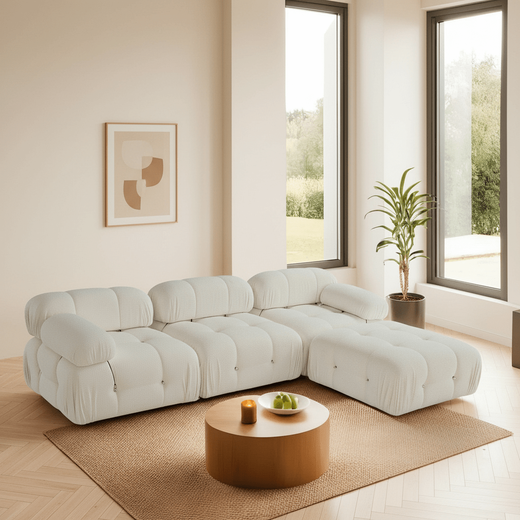 Modular XXL corner sofa Bubble with ottoman - bouclé white