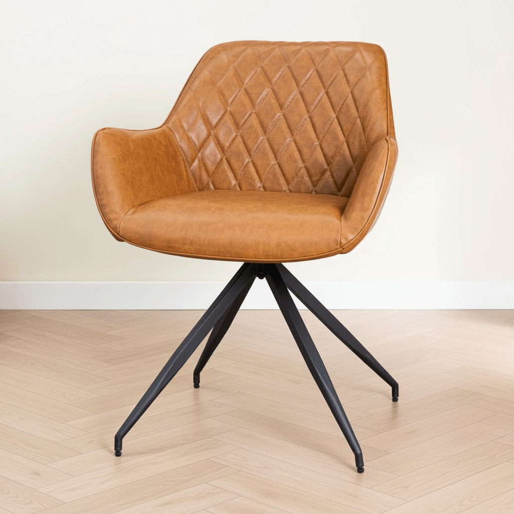 Industrial Dining Chair Cognac Gian - Faux Leather - Diamond Pattern - With Armrests