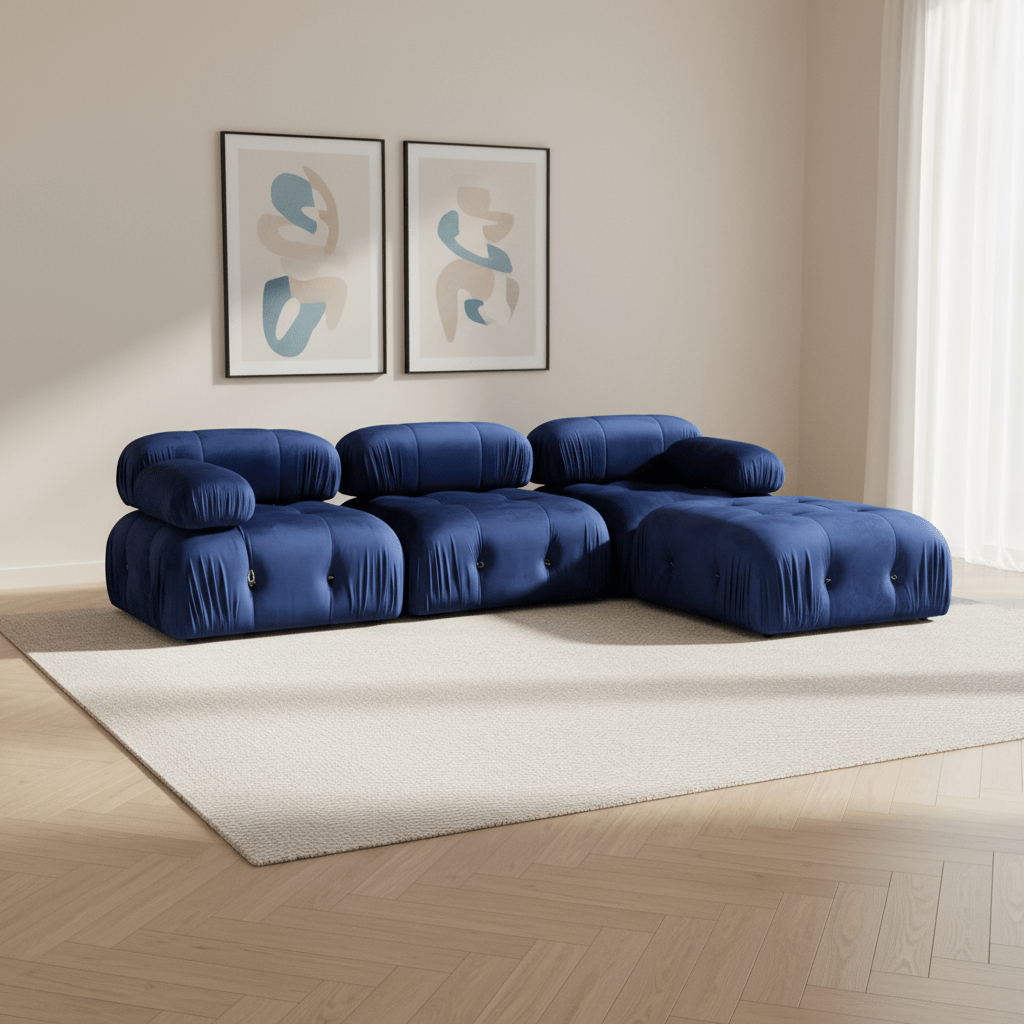 Modular XXL corner sofa Bubble with ottoman - velvet blue