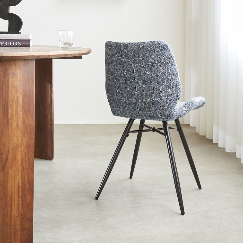 Dining room chair Beau chenille Dimehouse Blue LxWxH 72x68x50 Fabric Atmospheric photo diagonal rear view