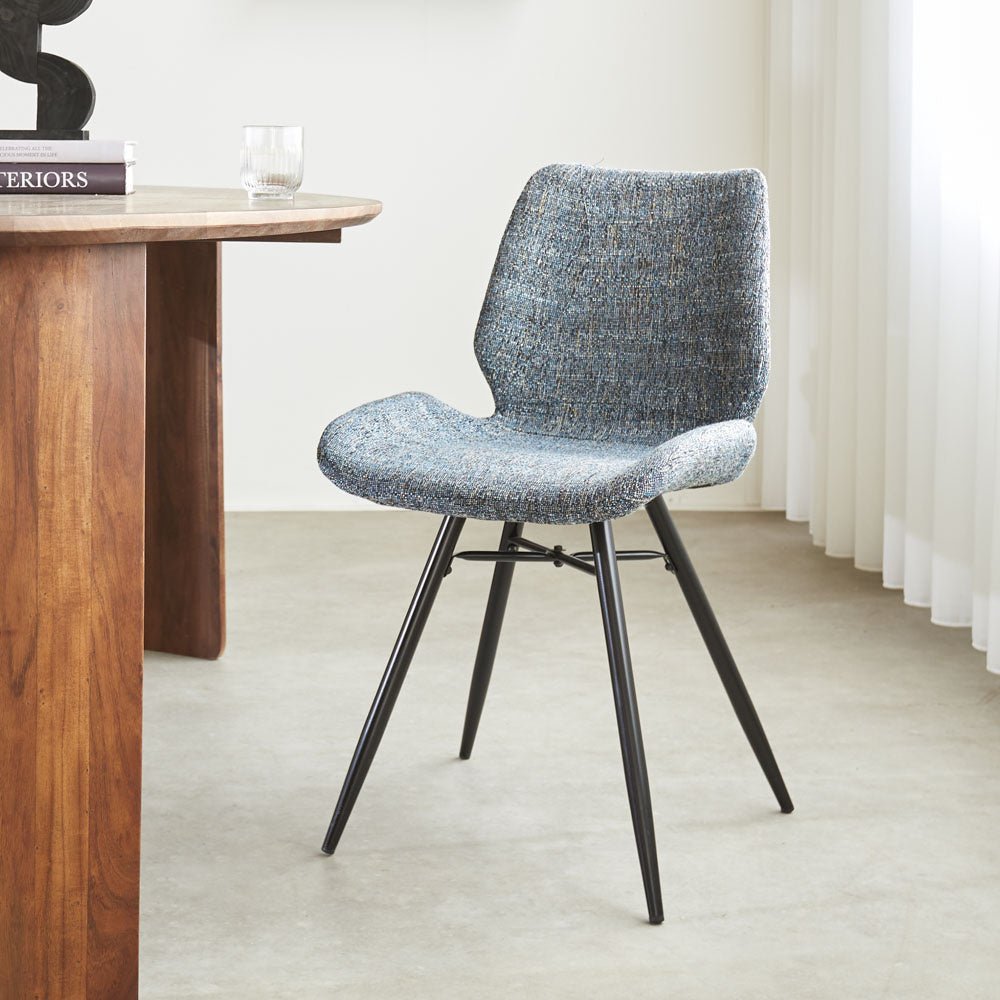 Dining room chair Beau chenille Dimehouse Blue LxWxH 72x68x50 Fabric Atmospheric photo diagonal front view