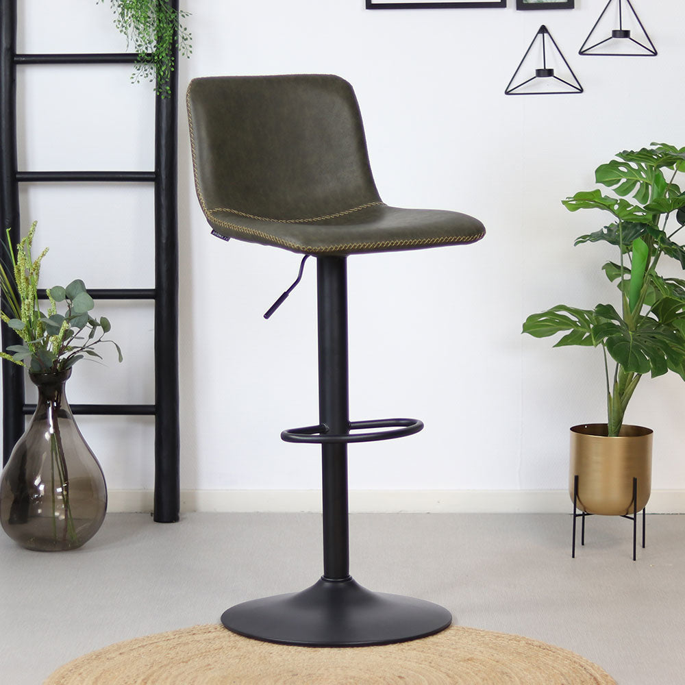 Industrial Bar Stool Texas rotatable eco-leather olive green 60-76cm 45 cm wide
