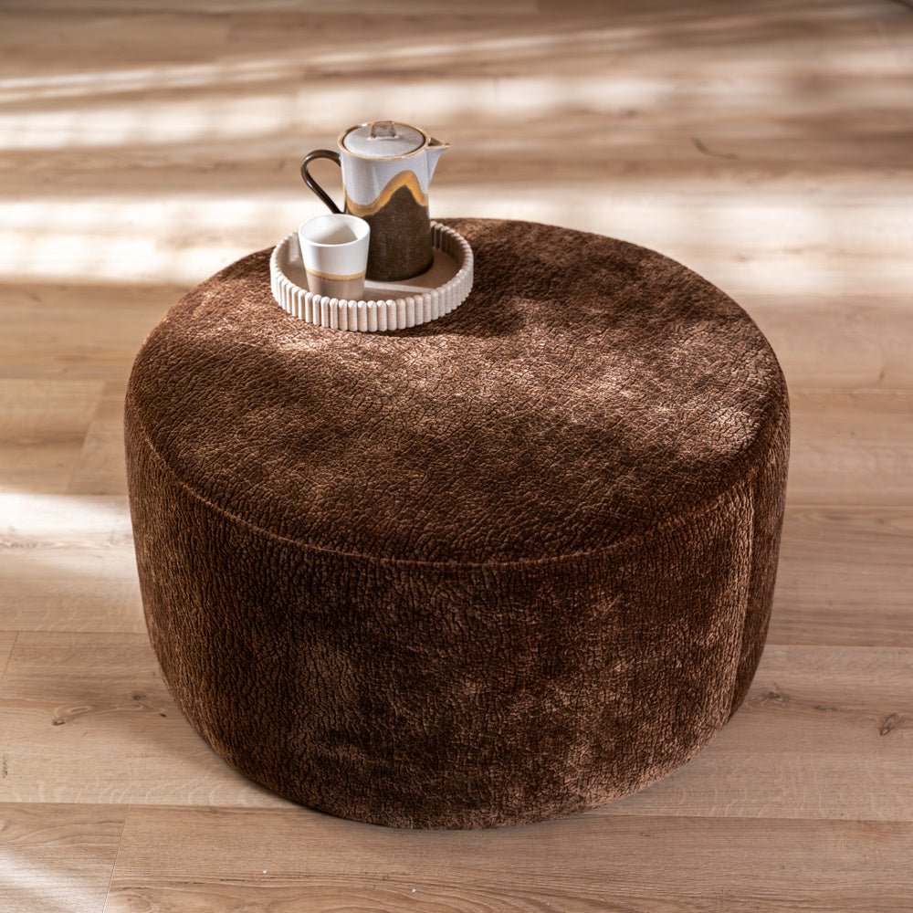 Poef Chloe rond chenille chocolate brown ø70 cm Bruin
