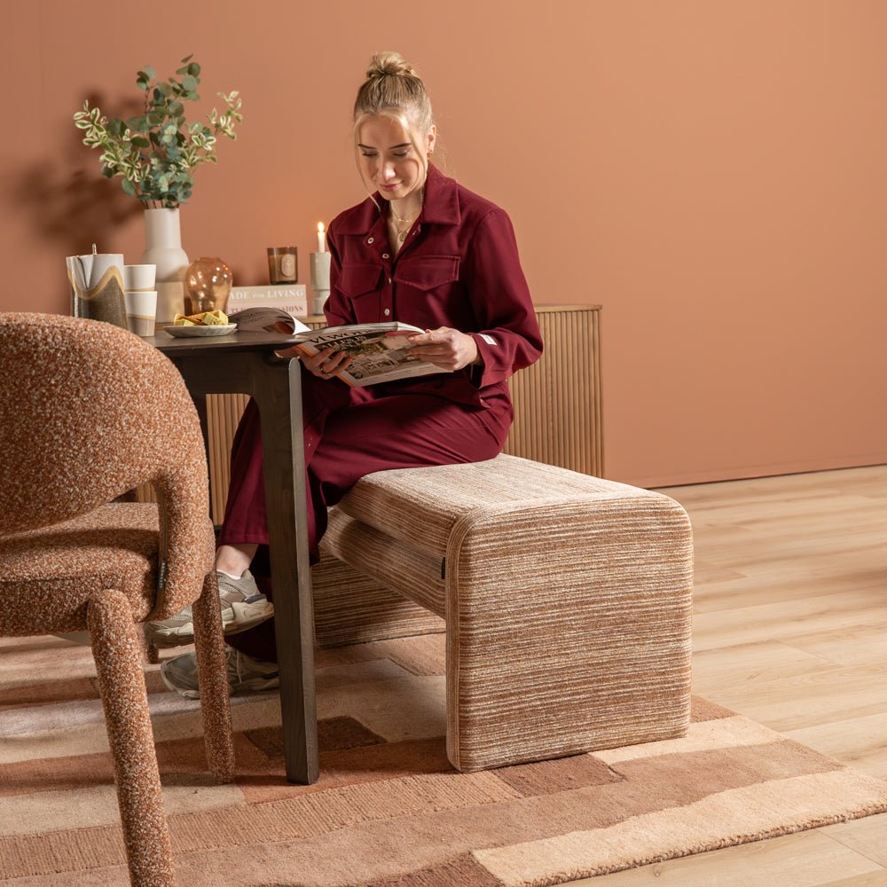 Eetkamerbanken-Eetkamerbank Ravi chenille beige/pink 100 cm Roze-Dimehouse