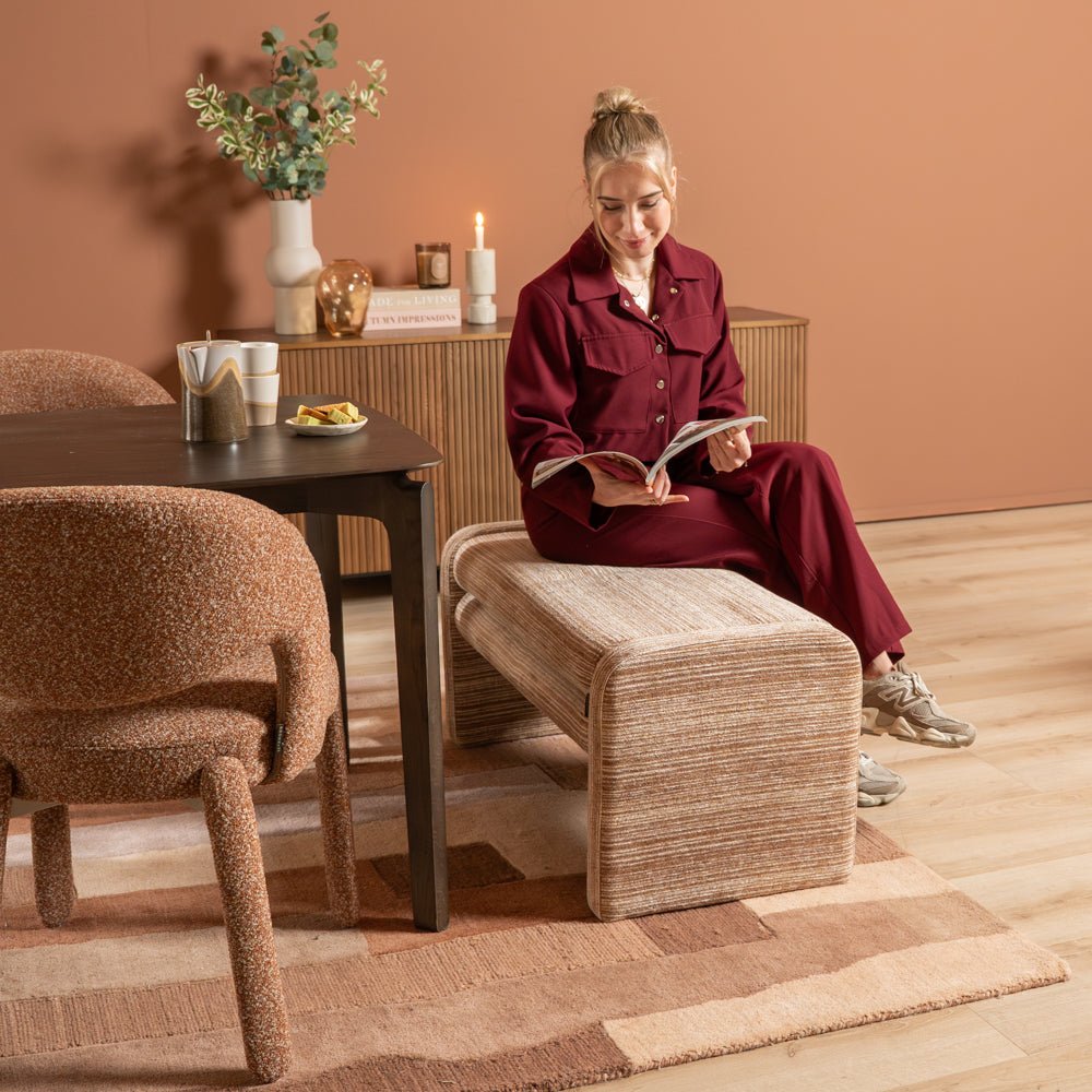 Eetkamerbanken-Eetkamerbank Ravi chenille beige/pink 100 cm Roze-Dimehouse