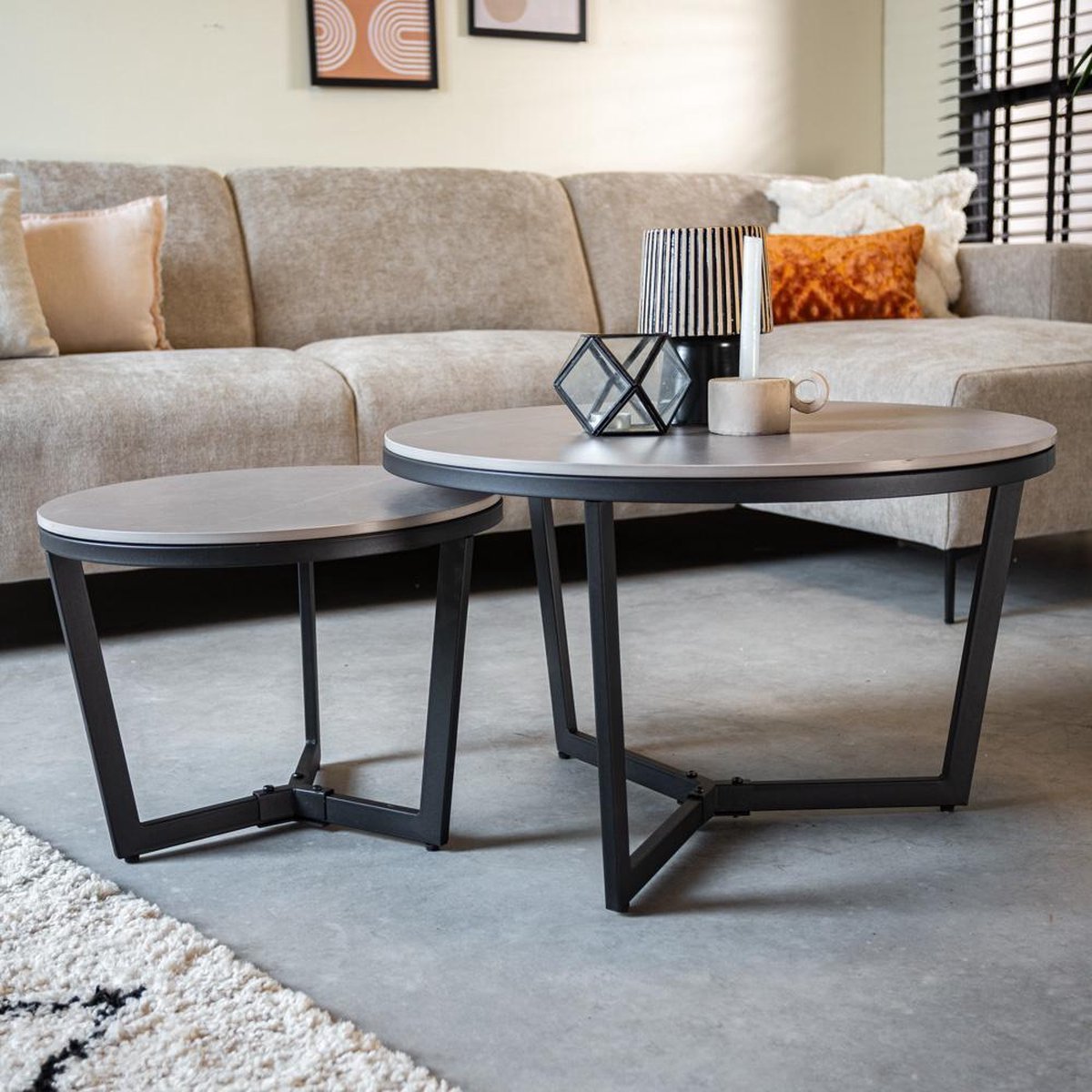 Coffee table set of 2 Brady Round Marmerlook Grey