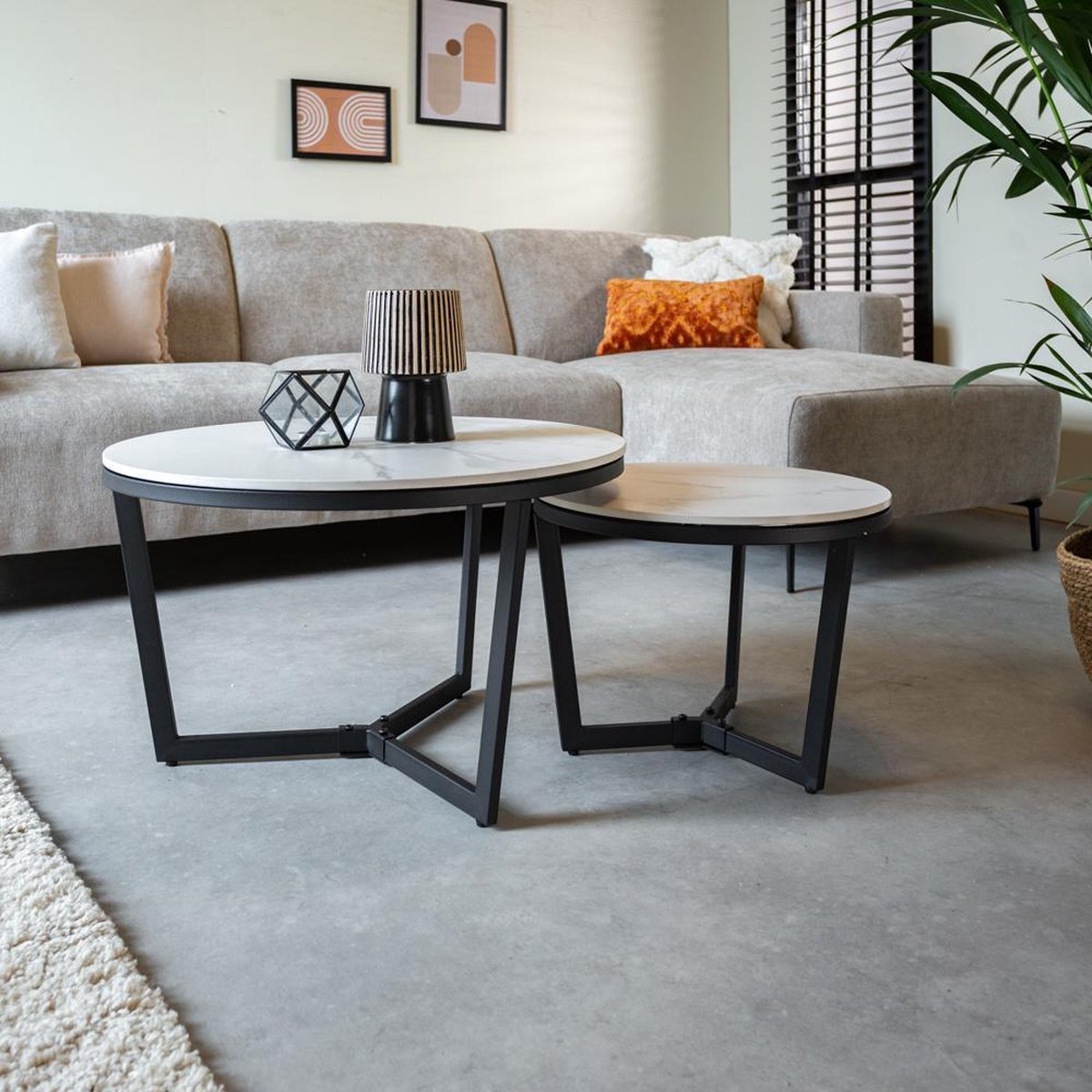 Coffee table set of 2 Brady Rond Marble look White