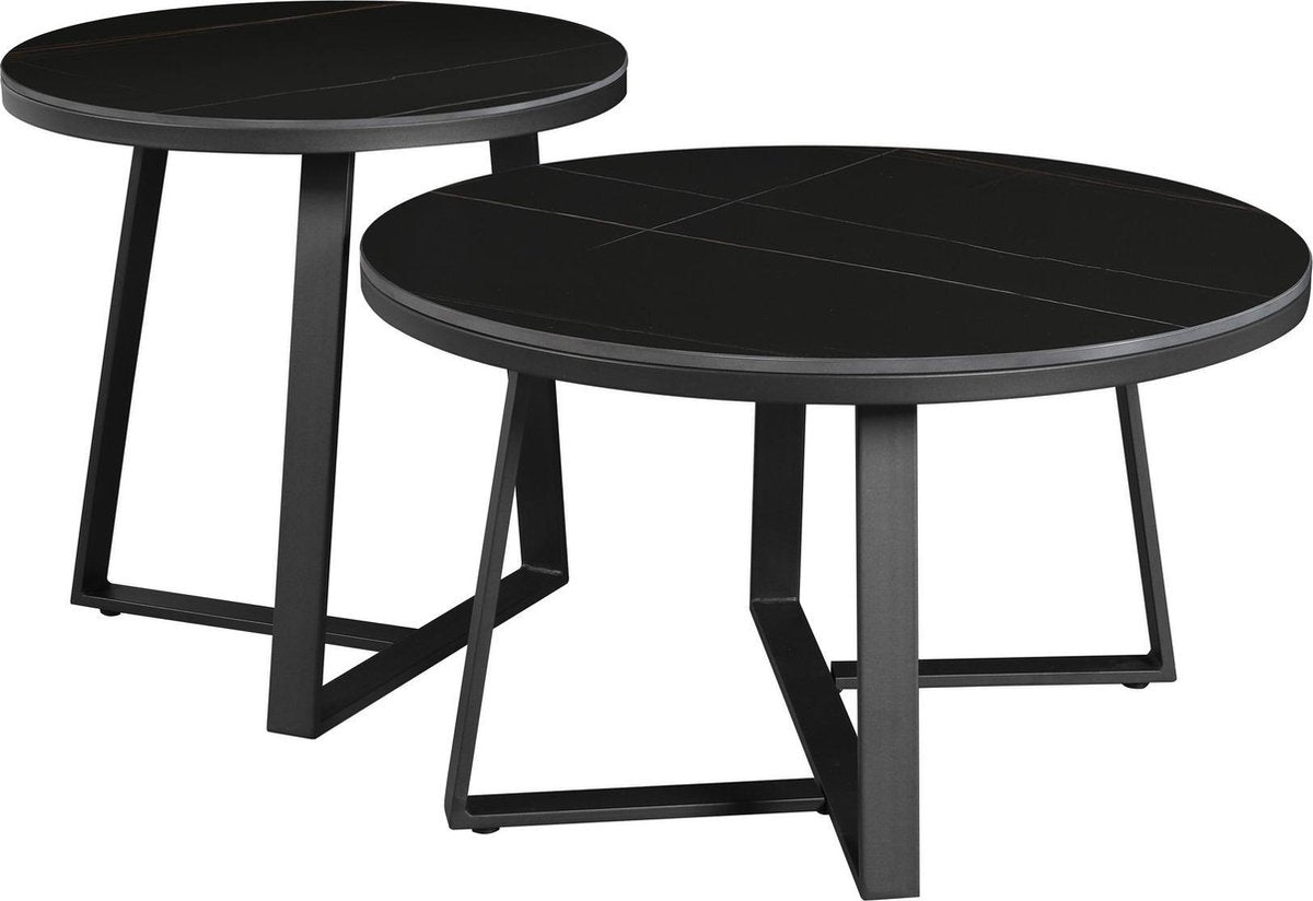 Coffee Table Set of 2 Tanner Round Marble Look Black Round