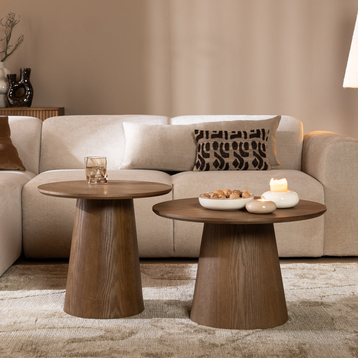 Coffee tables Ash set of 2 Ø50 and Ø62 cm rustic oak Walnut oak veneer