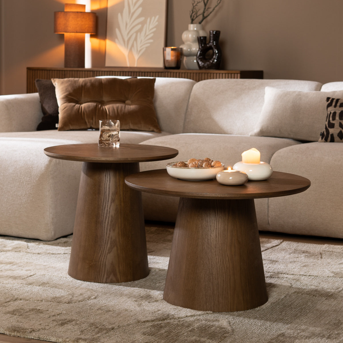 Coffee tables Ash set of 2 Ø50 and Ø62 cm rustic oak Walnut oak veneer