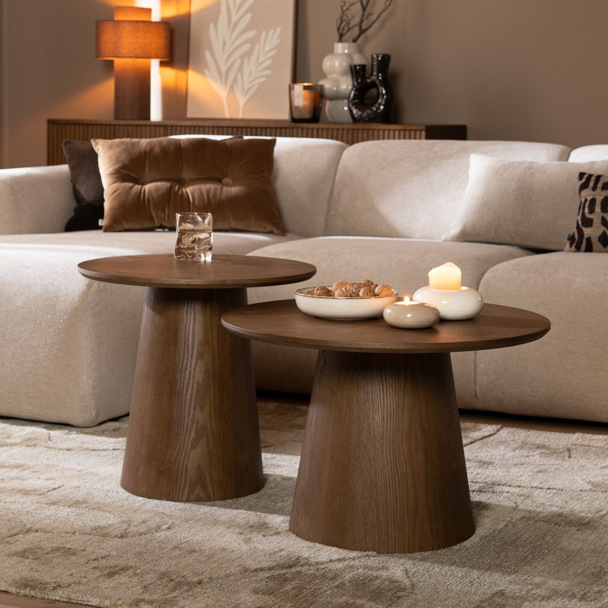 Coffee tables Ash set of 2 Ø50 and Ø62 cm rustic oak Walnut oak veneer