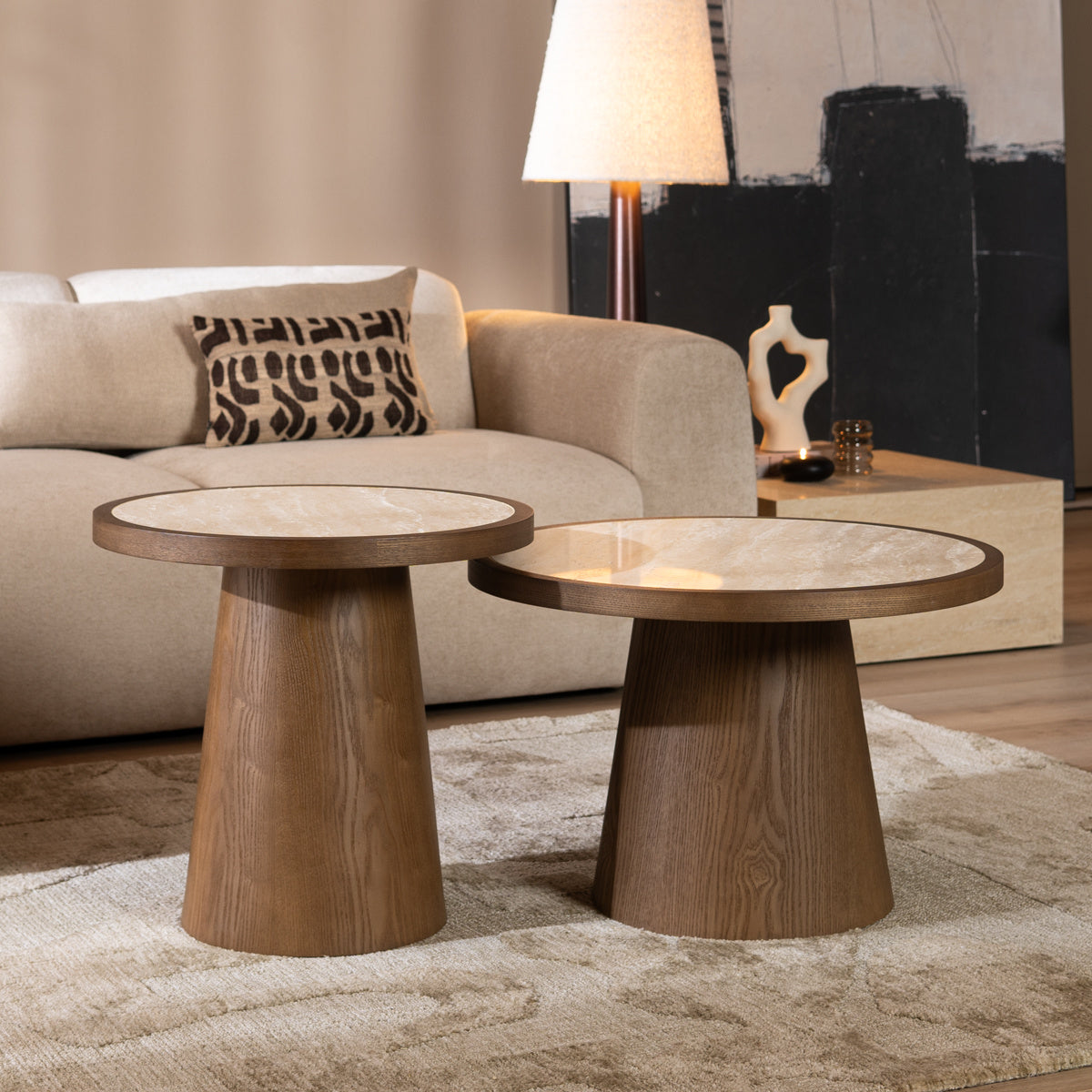 Coffee tables Mae set of 2 Ø50 and Ø62 cm travertine/rustic oak Oak veneer