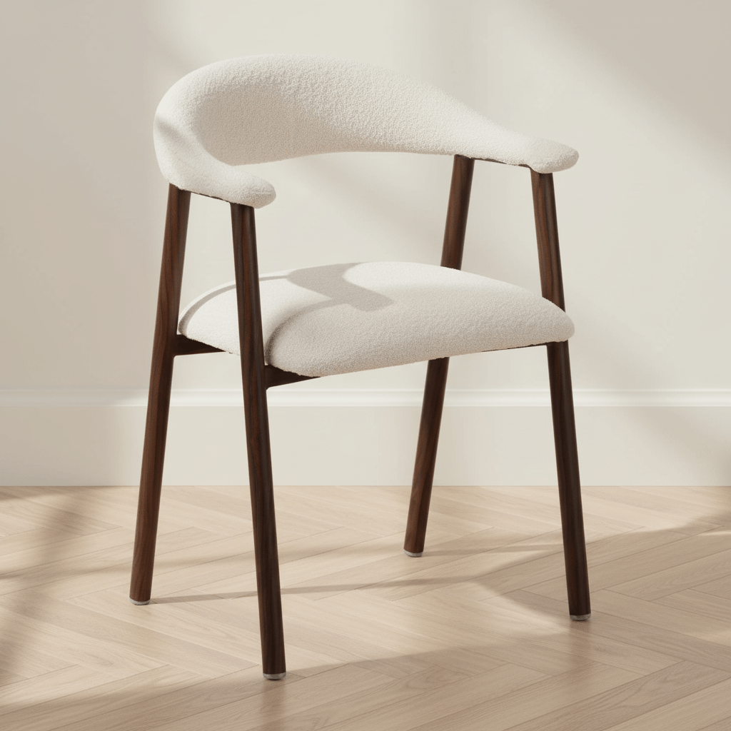 Japandi Dining Chair Ivory Bouclé Suki - Walnut Frame - With Armrests