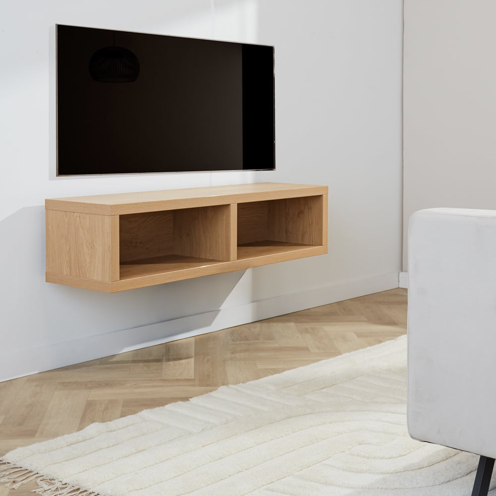TV Furniture Bernie Rustic Oak Dimehouse Oak LxWxH 126x36x31 Melamine Atmospheric photo diagonal front view