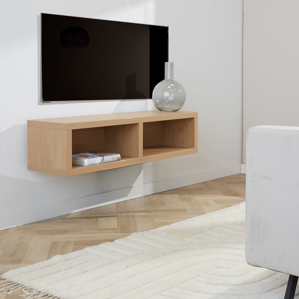 TV Furniture Bernie Rustic Oak Dimehouse Oak LxWxH 126x36x31 Melamine Atmospheric photo diagonal front view