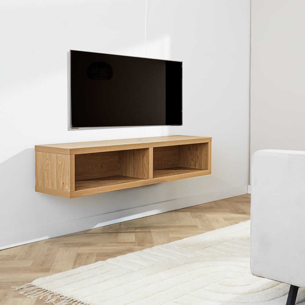 TV Furniture Bernie Rustic Oak Dimehouse Oak LxWxH 146x36x31 Melamine Atmospheric photo diagonal front view