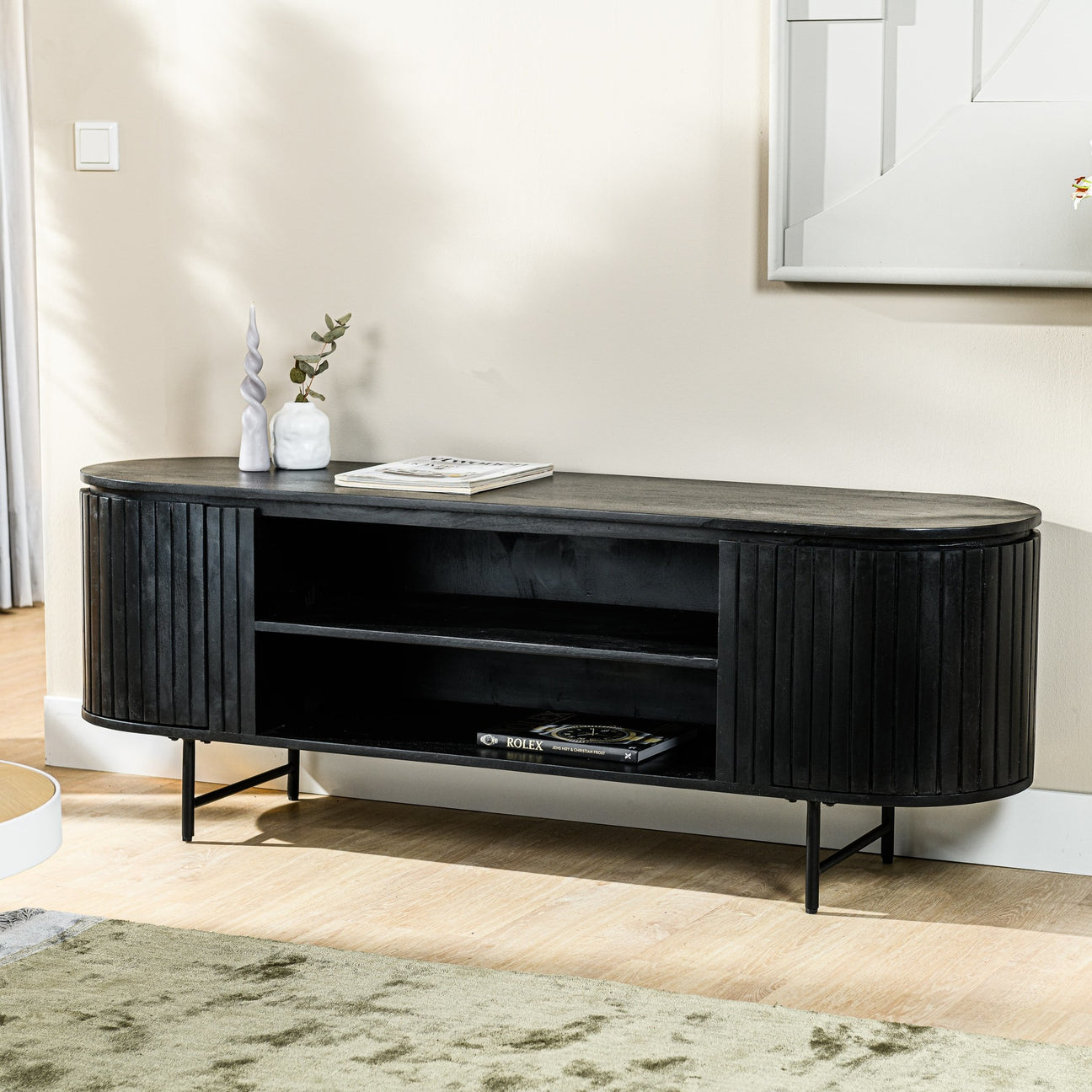 tv dressoir modern Marnur 55 inch TV Stand for 60 inch TV, Wood Entertainment Center with Storage and Shelves, 2 Sliding Tambour Doors, Mid-Century Modern, Black, Size: