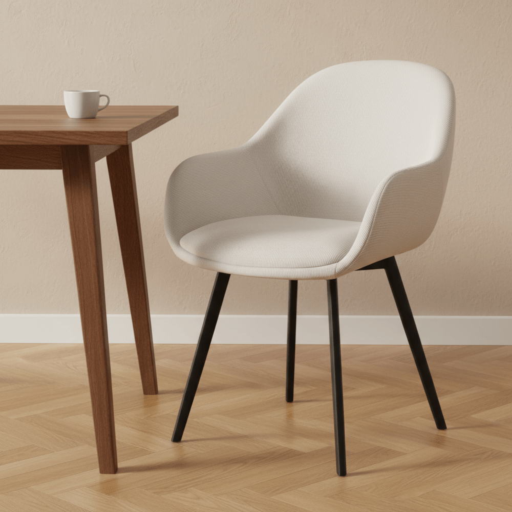 Modern Dining Chair Remy Ribbed Fabric Cream - With Armrests 