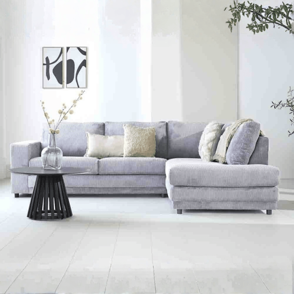 Light gray ribbed fabric corner sofa bed Gabi - right 