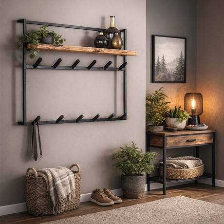 12-hook Industrial Coat Rack Naomi Acacia Wood-Metal 