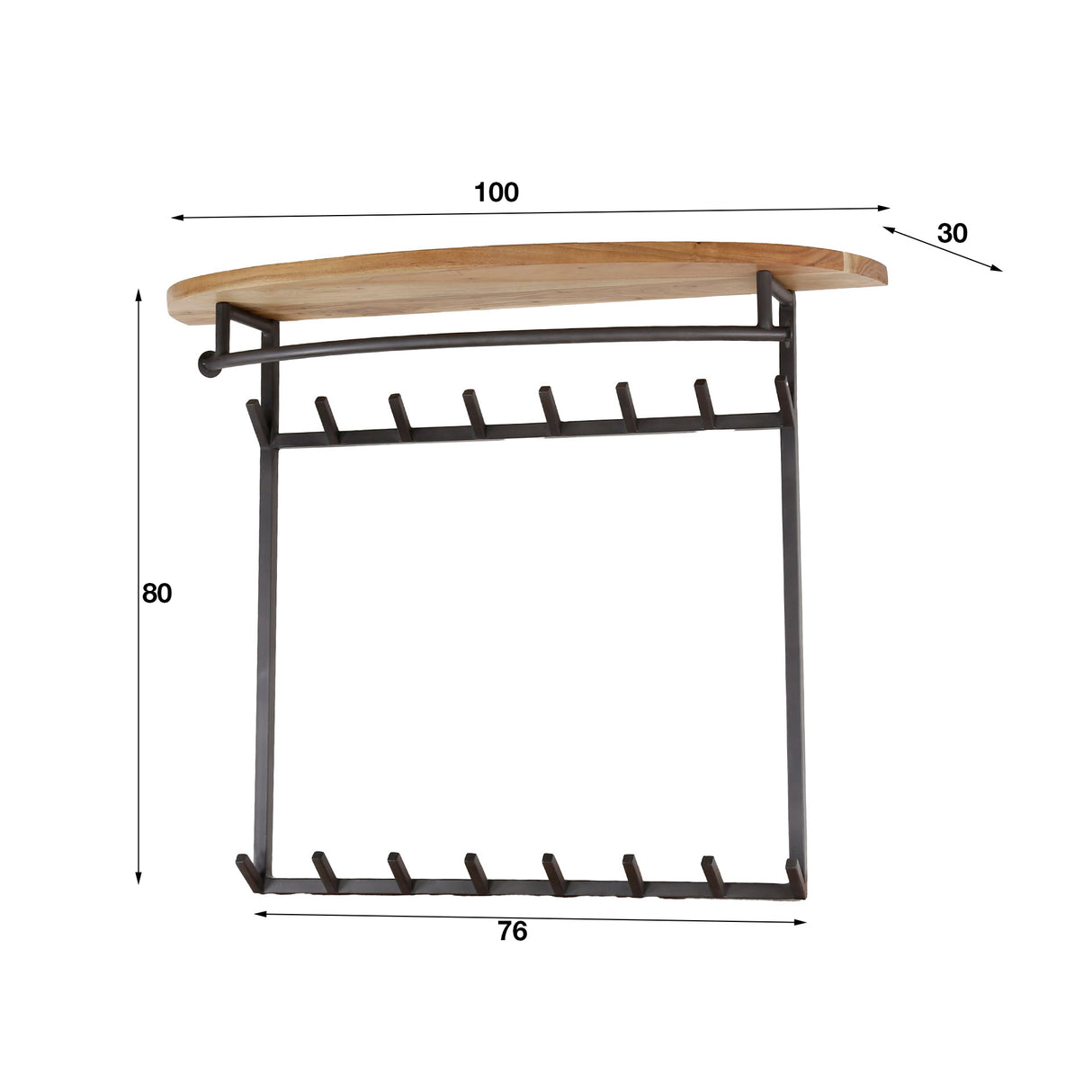 Wall Coat Rack 16-Hook River Acacia Wood - With Hat Shelf