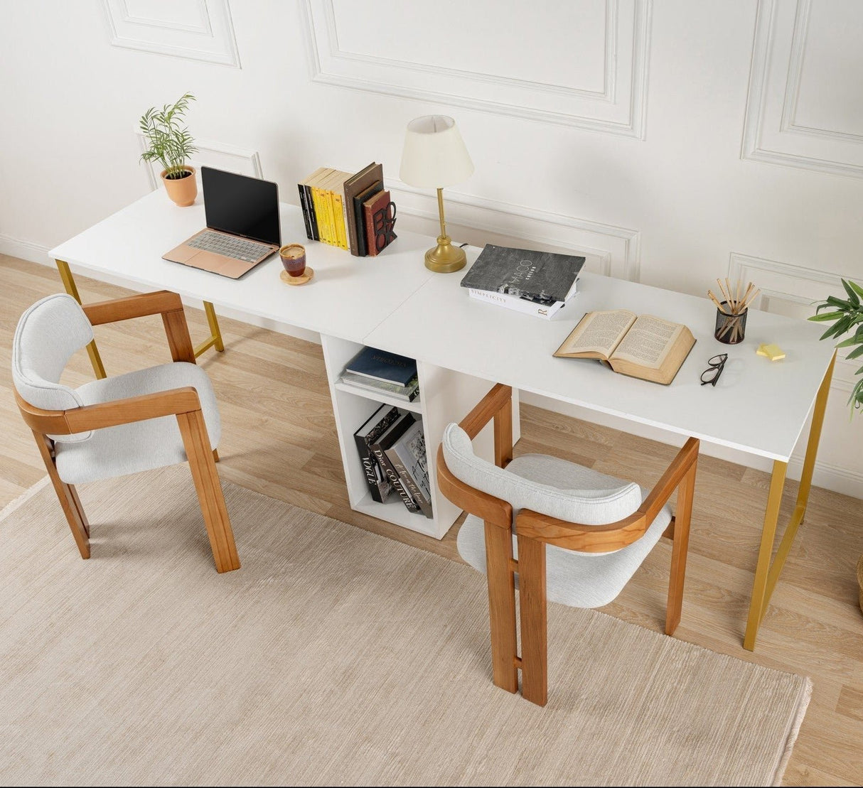 Study Bureau Melamine 240x60 cm Twin Study Desk with Silver and Gold White Gold 