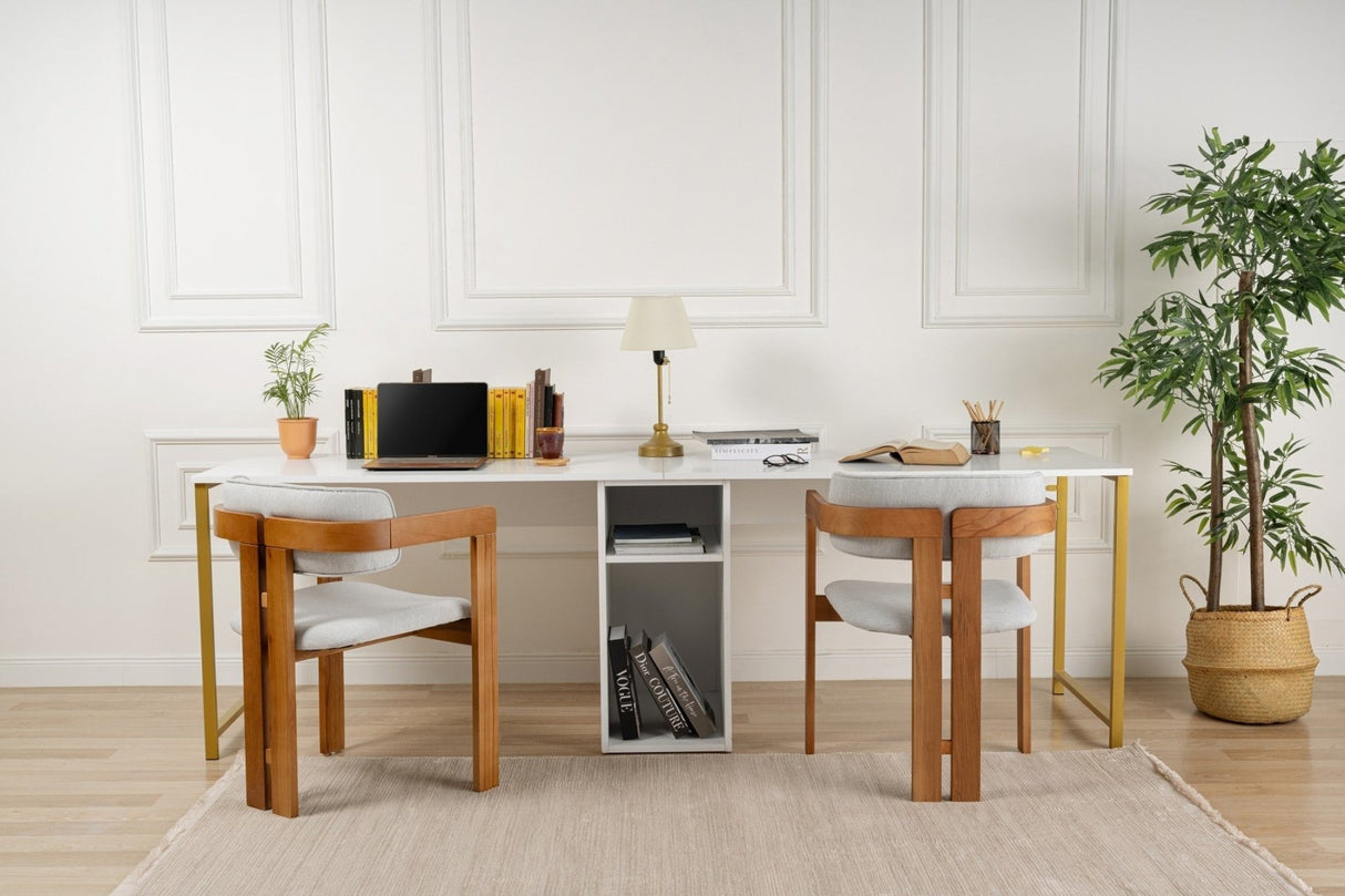 Study Bureau Melamine 240x60 cm Twin Study Desk with Silver and Gold White Gold 