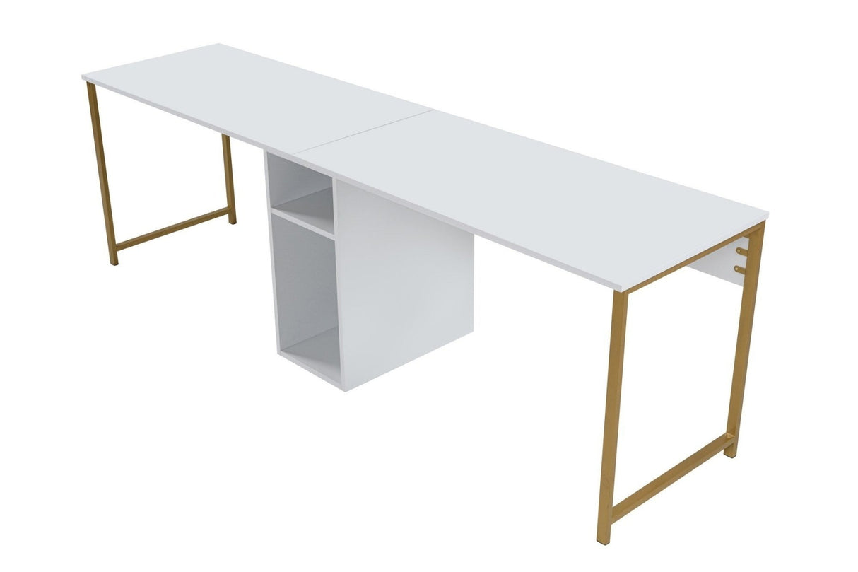 Study Bureau Melamine 240x60 cm Twin Study Desk with Silver and Gold White Gold 